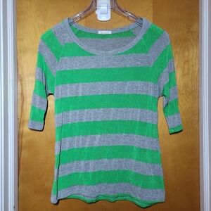Vintage Bright Green and Light Gray Striped Semi-Sheer Short-Sleeve Top